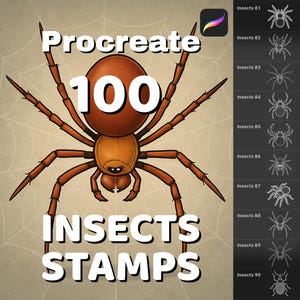 May include: Digital art product featuring a large brown spider illustration with the text "Procreate 100 INSECTS STAMPS". A side panel displays insect stamp designs. The spider is centered on a web background.