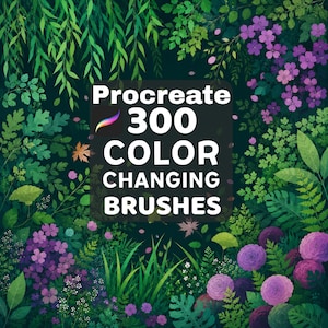May include: A digital graphic featuring a dark background surrounded by lush green foliage, ferns, and purple flowers. Centered is a black rectangular box with the white text Procreate 300 COLOR CHANGING BRUSHES and a colorful brush icon.