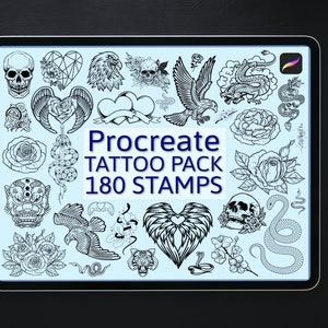 May include: A digital tablet displays a collection of 180 tattoo stamp designs in black and white. The designs include skulls, roses, eagles, snakes, and hearts. The text "Procreate Tattoo Pack 180 Stamps" is centered on the screen. A white stylus rests on the right.