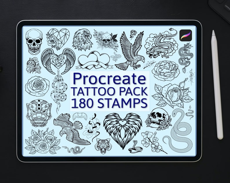 May include: A digital tablet displays a collection of 180 tattoo stamp designs in black and white. The designs include skulls, roses, eagles, snakes, and hearts. The text "Procreate Tattoo Pack 180 Stamps" is centered on the screen. A white stylus rests on the right.