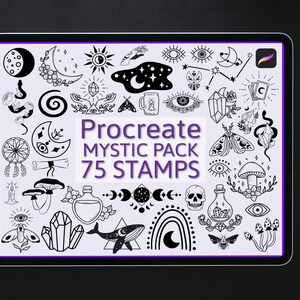 以下が含まれることがあります： Procreate アプリで使用できる、75 個の白黒の神秘的なテーマのスタンプのデジタルイラスト。スタンプには、月、クリスタル、目、キノコ、蛾などが含まれています。
