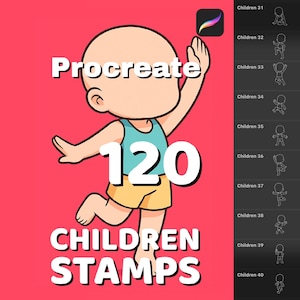 Könnte beinhalten: Eine digitale Grafik mit dem Wort "Procreate" und der Zahl "120" in weißem Text. Das Bild zeigt ein Cartoon-Kind in einem blauen Hemd und gelben Shorts. Die Worte "CHILDREN STAMPS" sind ebenfalls in weißem Text.