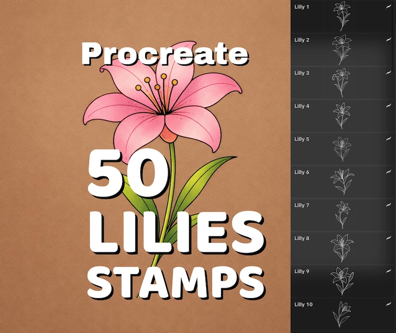 May include: An illustration for Procreate featuring a pink lily with green leaves. The image includes the text "Procreate" above the flower and "50 LILIES STAMPS" below. A side panel displays 10 line drawings of lilies.