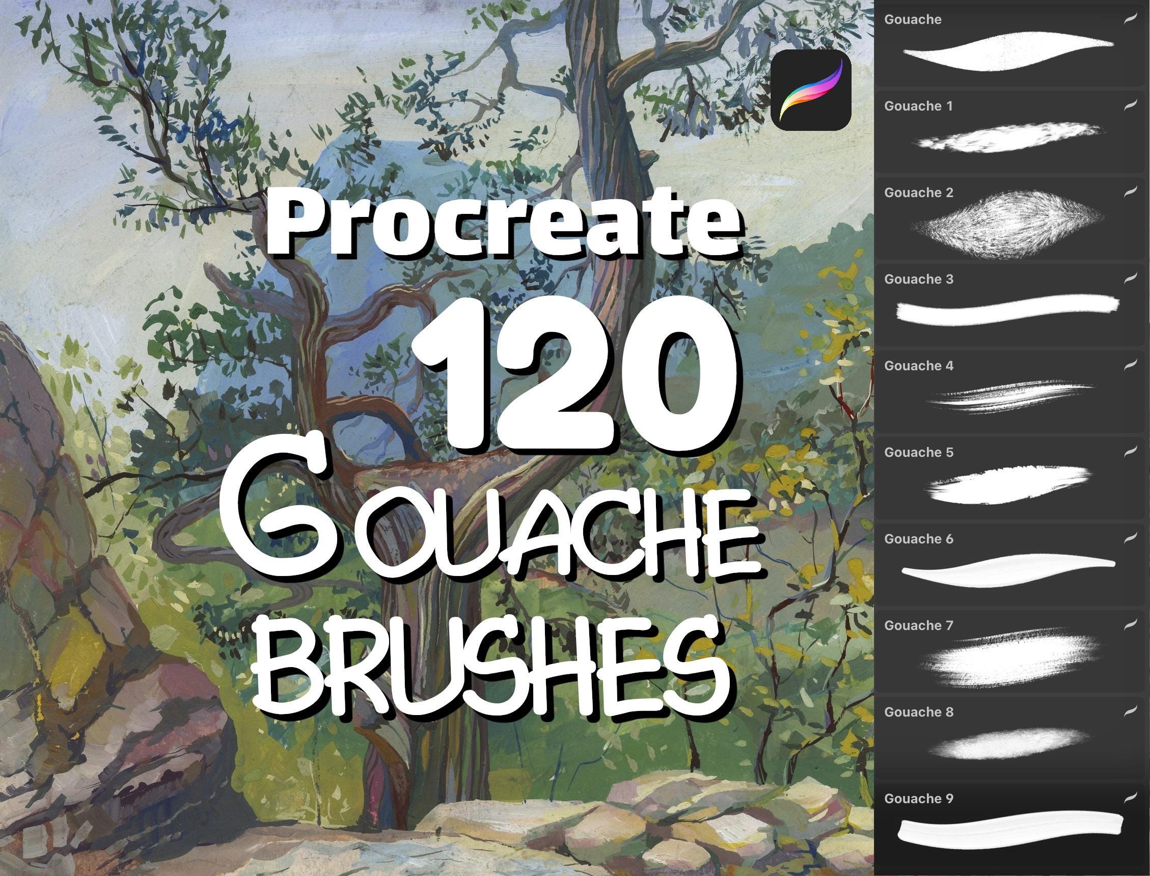 120 Gouache Brushes for Procreate – Realistic Paint Textures, Stamps & iPad Brush Set
