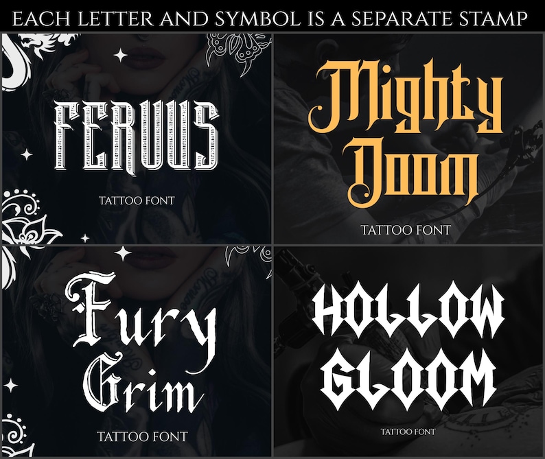 1290 Gothic lettering stamps, Procreate fonts for Tattoo & Streetwear design, Procreate calligraphy kit