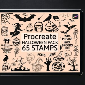 Może przedstawiać: Cyfrowa ilustracja 65 znaczków o tematyce Halloween do użycia w aplikacji Procreate. Znaki zawierają obrazy nietoperzy, czaszek, dyni, czarownic, szkieletów, słodyczy i wiele innych.