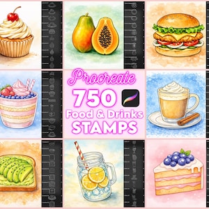 750 sellos de comida y bebida para diseño de menús, pinceles de Procreate para ilustración de alimentos, herramientas para libros de recetas