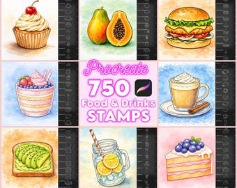 750 Food & Drinks stamps for menu design, Food illustration Procreate brushes, Recipe books tools