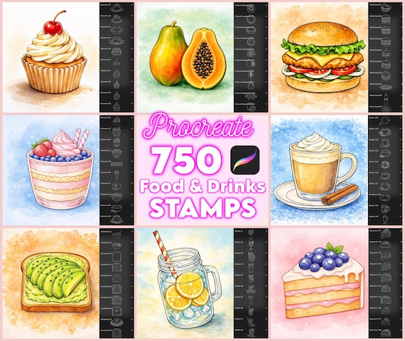 750 Food & Drinks stamps for menu design, Food illustration Procreate brushes, Recipe books tools