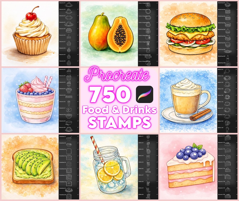 750 Food and drinks stamps bundle for Procreate - includes breakfast, desserts, fruits, vegetables, world food dishes