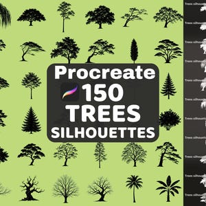 Könnte beinhalten: Eine digitale Sammlung von 150 Baumsilhouetten für Procreate, dargestellt auf einem hellgrünen Hintergrund. Das zentrale schwarze rechteckige Etikett zeigt den weißen Text Procreate 150 TREES SILHOUETTES und ein buntes Pinselsymbol.