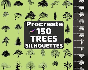 150 Bäume Silhouetten Stempel, Waldbaum Stempel, Umgebung Procreate Pinsel, Landschaftsdesign-Werkzeuge