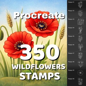 May include: Digital art illustration featuring two vibrant red poppies with detailed centers, wheat stalks, and the text "Procreate 350 Wildflowers Stamps". A selection of poppy stamp designs is shown on the right.