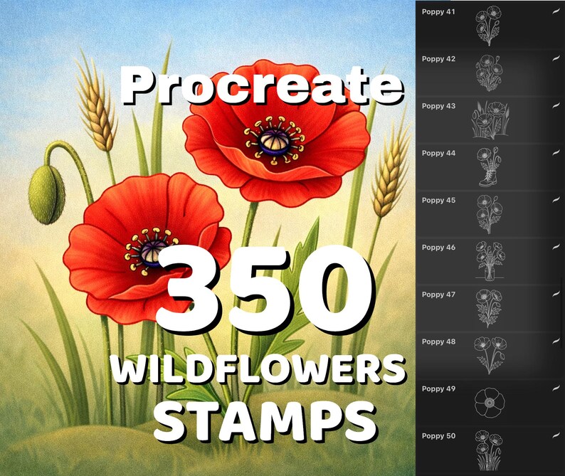 May include: Digital art illustration featuring two vibrant red poppies with detailed centers, wheat stalks, and the text "Procreate 350 Wildflowers Stamps". A selection of poppy stamp designs is shown on the right.