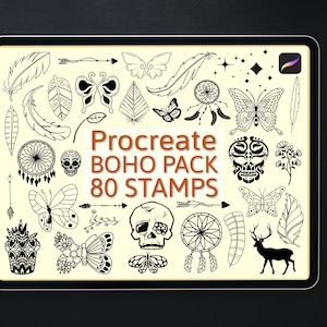 May include: An iPad displays a collection of 80 Boho-themed stamps for Procreate. The stamps include butterflies, feathers, dream catchers, skulls, arrows, and leaf designs, all in black and white. A stylus rests on the side.