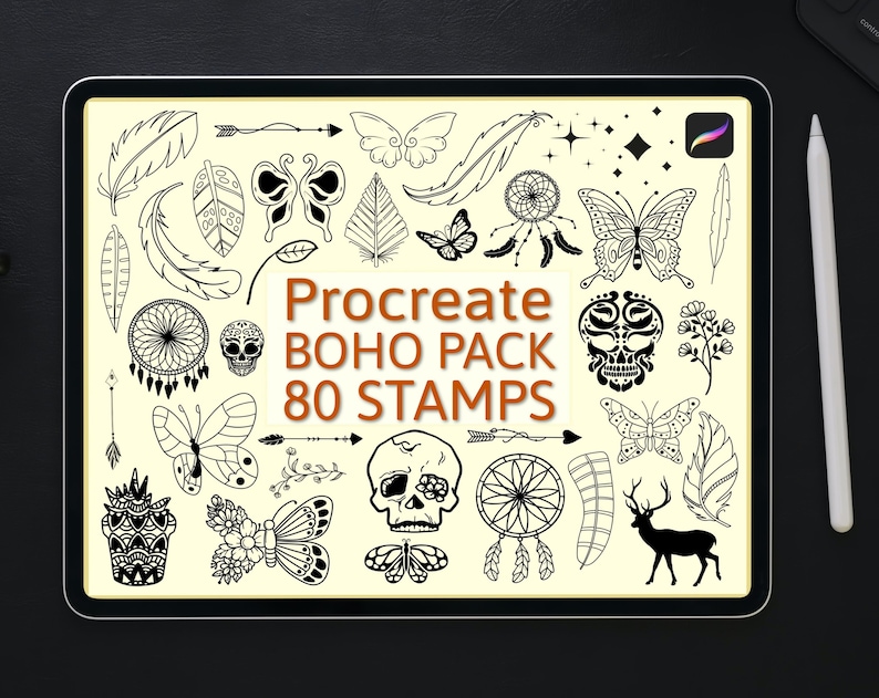 May include: An iPad displays a collection of 80 Boho-themed stamps for Procreate. The stamps include butterflies, feathers, dream catchers, skulls, arrows, and leaf designs, all in black and white. A stylus rests on the side.