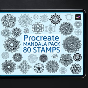 Puede incluir: La pantalla de una tableta digital muestra 80 diseños de mandalas en blanco y negro. El texto "Procreate Mandala Pack 80 Stamps" se muestra en la pantalla.