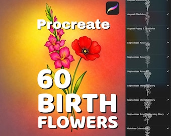 60 Geburtstagsmonate Blume Procreate Procreate Stempel, Geburtstagsblumen, Tattoo Schablonen für personalisierte Designs