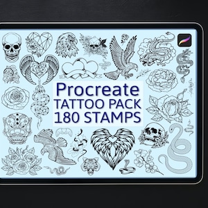 May include: A digital illustration of 180 Procreate tattoo stamps. The stamps feature a variety of designs, including skulls, roses, snakes, wings, hearts, and eagles. The text "Procreate Tattoo Pack 180 Stamps" is displayed in the center of the image.