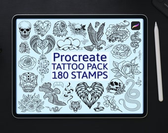180 stempli do tatuażu, stemple Procreate, pędzle Procreate, stemple czaszki, zestaw stempli serca, pędzle iPad, stemple węża, zestaw stempli z kwiatami piwonii