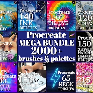 2000+ Procreate brushes and palettes, iPad brushes, Tie Dye brushes, Neon brushes, Digital lettering, Ink brushes set, Oil pastel watercolor