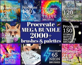 2000+ Procreate brushes and palettes, iPad brushes, Tie Dye brushes, Neon brushes, Digital lettering, Ink brushes set, Oil pastel watercolor