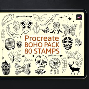 Puede incluir: Una ilustración digital de 80 sellos de estilo boho en blanco y negro para usar en la aplicación Procreate. Los sellos incluyen plumas, flechas, mariposas, atrapasueños, calaveras y más.