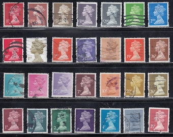 Vintage British Machin Stamps: Queen Elizabeth, Rainbow Colors (Used)