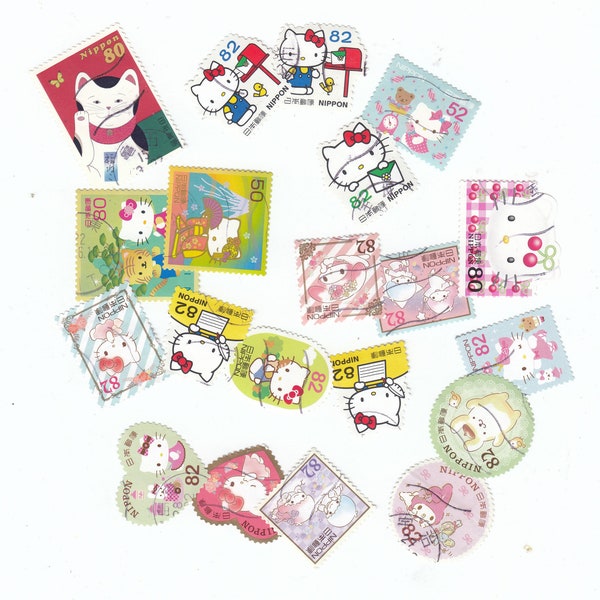 Japanese used postage stamps mixture with "Hello Kitty" off paper - for artist, crafting, scrapbooking...