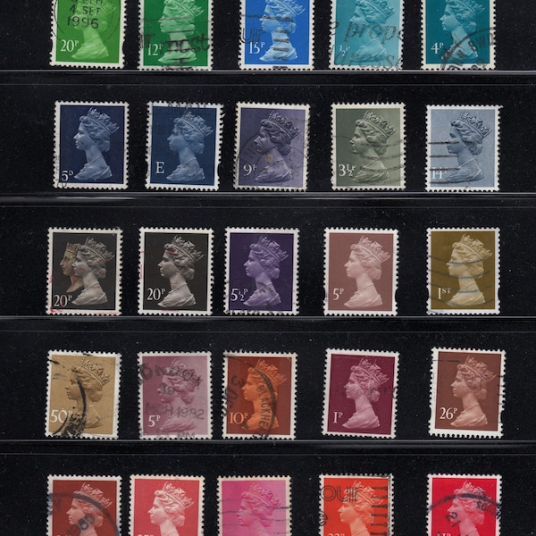 25 used Rainbow Vintage Postage Stamps, Queen Elizabeth  - for  stamp collecting, scrapbooking & crafting