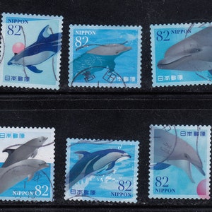 Francobolli giapponesi usati "Marine Life Dolphins" su carta - per artisti, artigianato, scrapbooking...