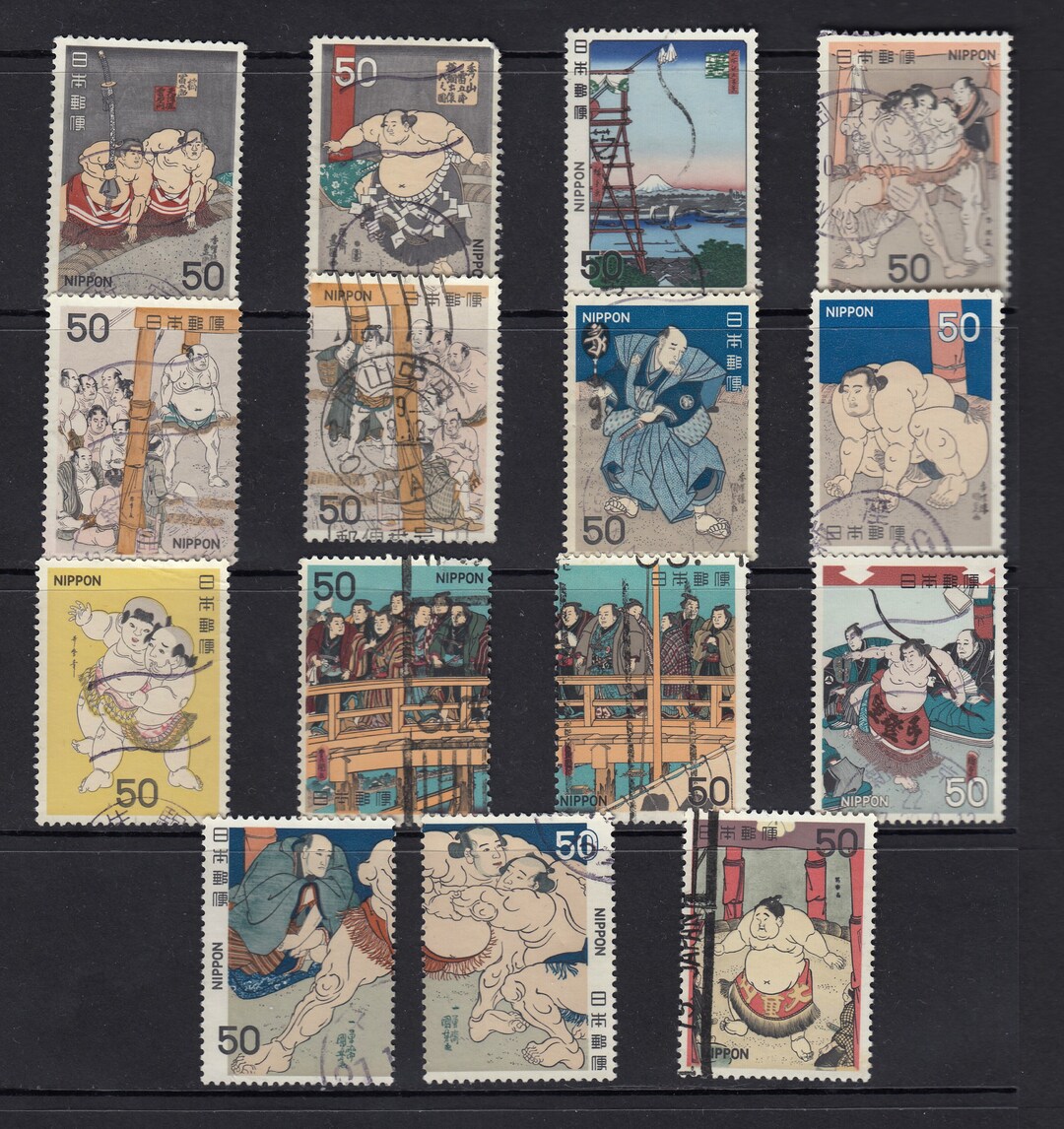 10X to 15X Japan Used Stamps Sumo Sports off Paper for Artist, Crafting