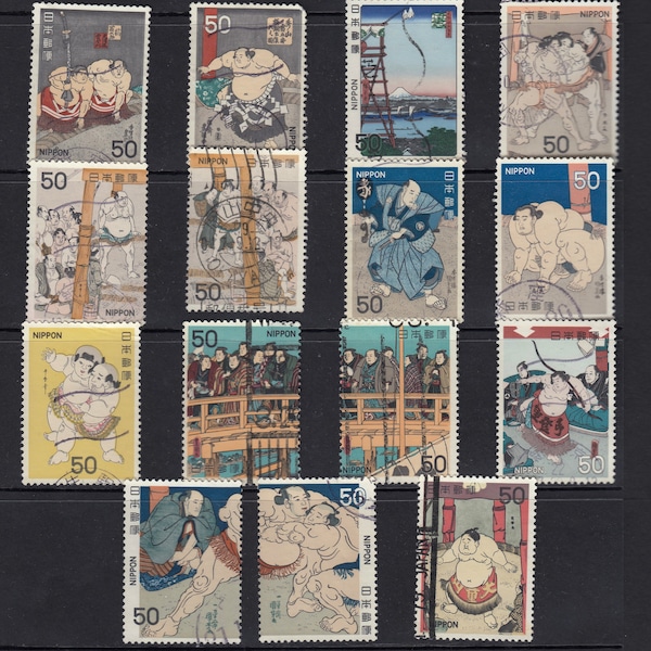 10X to 15X Japan used Stamps    Sumo Sports - off paper - for artist, crafting, scrapbooking...