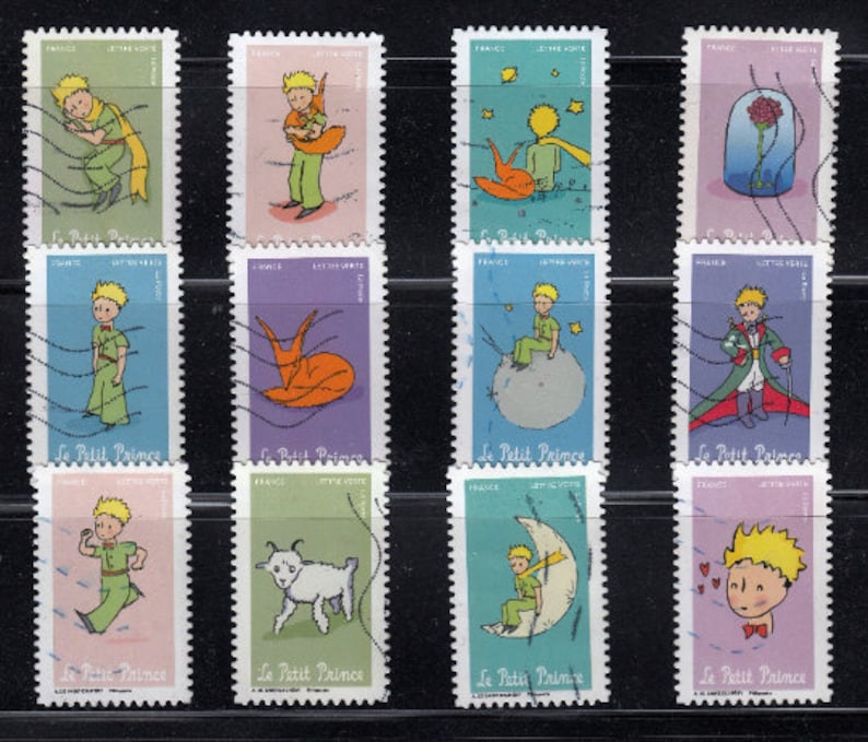 May include: A set of vintage postage stamps depicting scenes from "Le Petit Prince." The stamps feature colourful illustrations of the character, with the text "Le Petit Prince" visible on each stamp.