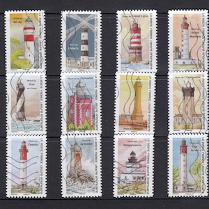 May include: A set of 10 vintage French postage stamps featuring illustrations of lighthouses. The stamps are in mint condition and have never been used. Each stamp features a different lighthouse with a unique design and color scheme. The stamps are a great addition to any stamp collection.