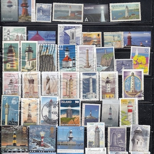 10 X - 46X Faro - Alemania - Reino Unido - EE. UU. - Japón sellos postales usados para artistas, manualidades, álbumes de recortes...