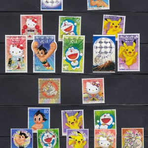 3x to 20x Japan  used postage stamps collection with Pikachu- Hello Kitty-  off paper - for artist, crafting, scrapbooking...