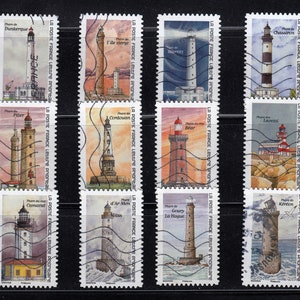 Sellos postales usados de faro antiguo, todos diferentes: EE. UU., Reino Unido, Alemania, Japón y Francia, para coleccionistas de sellos, manualidades, álbumes de recortes...
