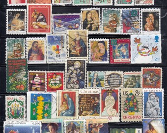 Vintage Christmas used stamp pack from different countries - off paper - for artist, crafting, scrapbooking...