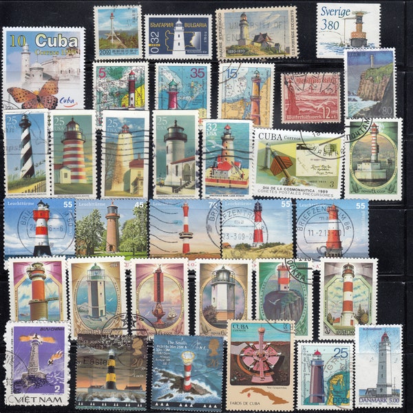 timbres-poste d'occasion Light House vintage tous différents - États-Unis-Royaume-Uni-Allemagne-Japon-France pour les collectionneurs de timbres, travaux manuels, scrapbooking...