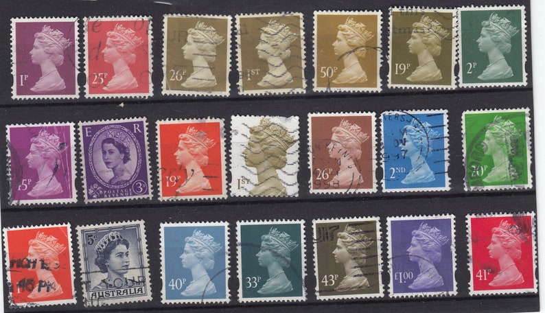 21 or 48 used Rainbow Vintage British Machin Postage Stamps for stamp collecting, scrapbooking & crafting 21X B8P7-800706