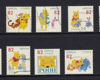 Japan used postage stamps mixture with Winnie the Pooh - off paper - for artist, crafting, scrapbooking...