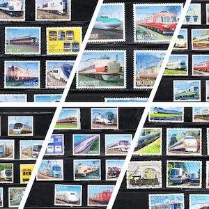 May include: A collection of colourful postage stamps featuring various trains. The stamps showcase different train designs, including bullet trains and classic locomotives, set against scenic backgrounds. The stamps are arranged on a black background.