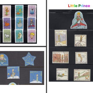 May include: A collection of vintage postage stamps featuring illustrations from "The Little Prince." The stamps showcase various scenes and characters, with vibrant colours and detailed artwork. Some stamps have the number "84" printed on them.