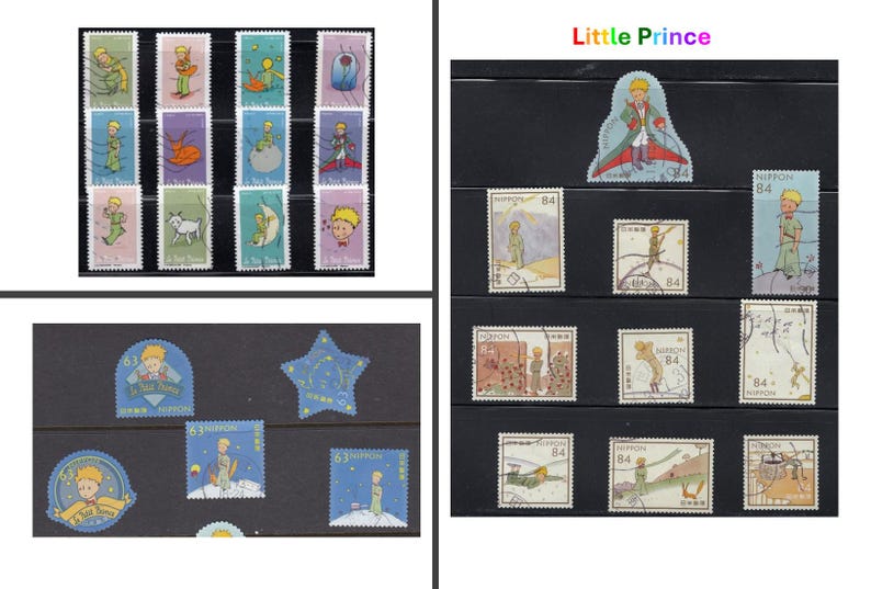 May include: A collection of vintage postage stamps featuring illustrations from "The Little Prince." The stamps showcase various scenes and characters, with vibrant colours and detailed artwork. Some stamps have the number "84" printed on them.