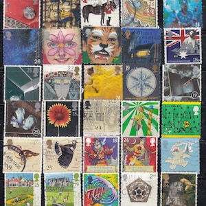 May include: A collection of 36 colorful postage stamps from various countries, featuring a variety of themes, including flowers, animals, landscapes, and historical figures.