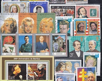 May include: A collection of colourful postage stamps from various countries, including Cuba, Guinea-Bissau, Tanzania, and São Tomé and Príncipe. The stamps feature a variety of subjects, including portraits, landscapes, and historical figures. The stamps are arranged in a grid pattern on a white background.