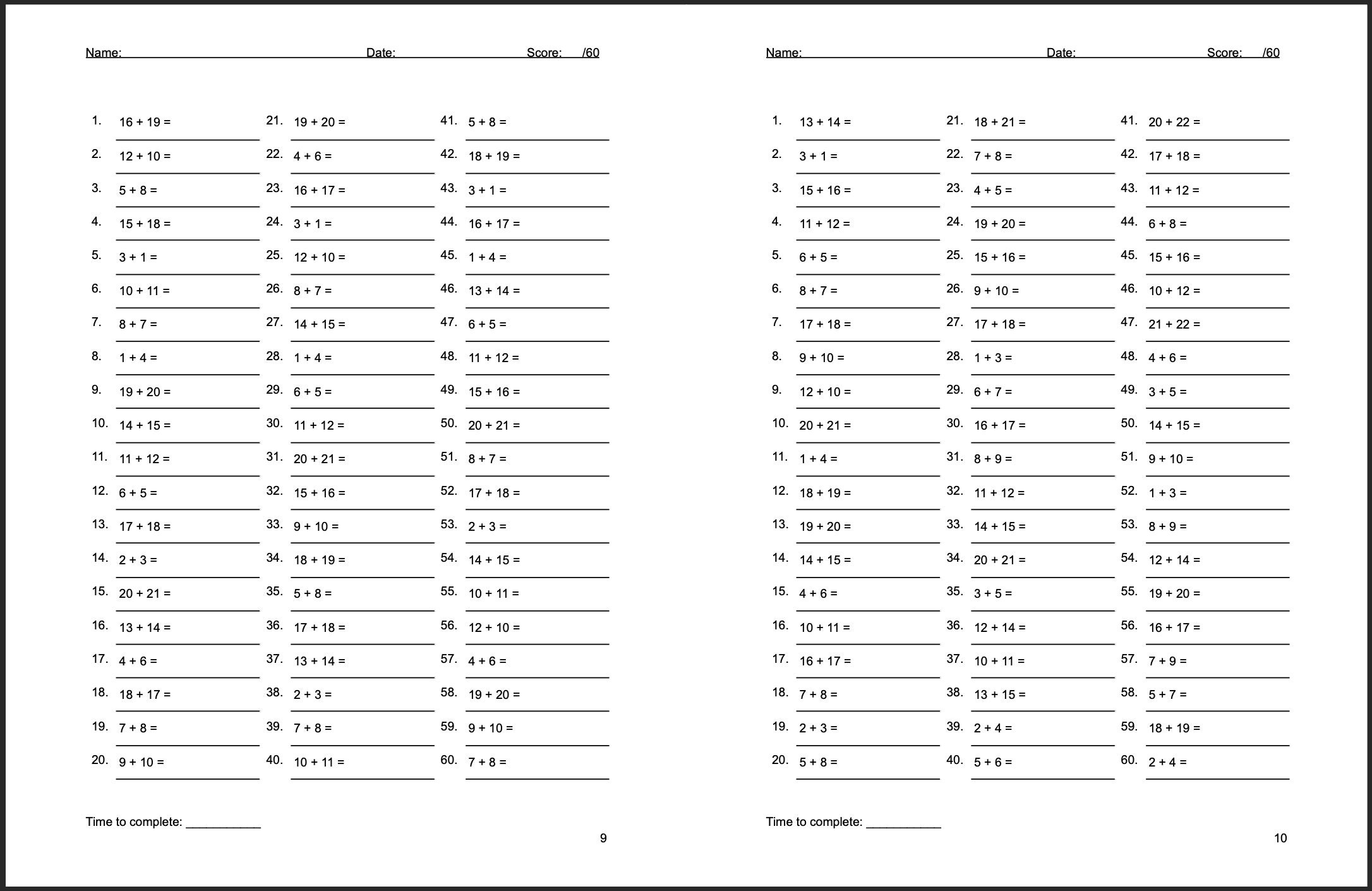 1,000 Addition Questions Printable Math Drills 5-8 Year Olds Instant ...