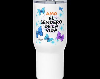 Thermos avec poignée, j'aime le chemin de la vie. conception avec des papillons. cadeau pour dame thermos de voyage minimaliste.