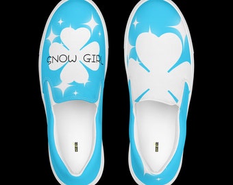 Slip-on canvas sneakers for women, snow girl design in blue with white clover, to attract Peace and abundance.